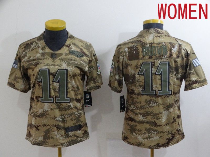 Women Philadelphia Eagles 11 Brown Camo Nike Olive Salute To Service Limited NFL Jersey